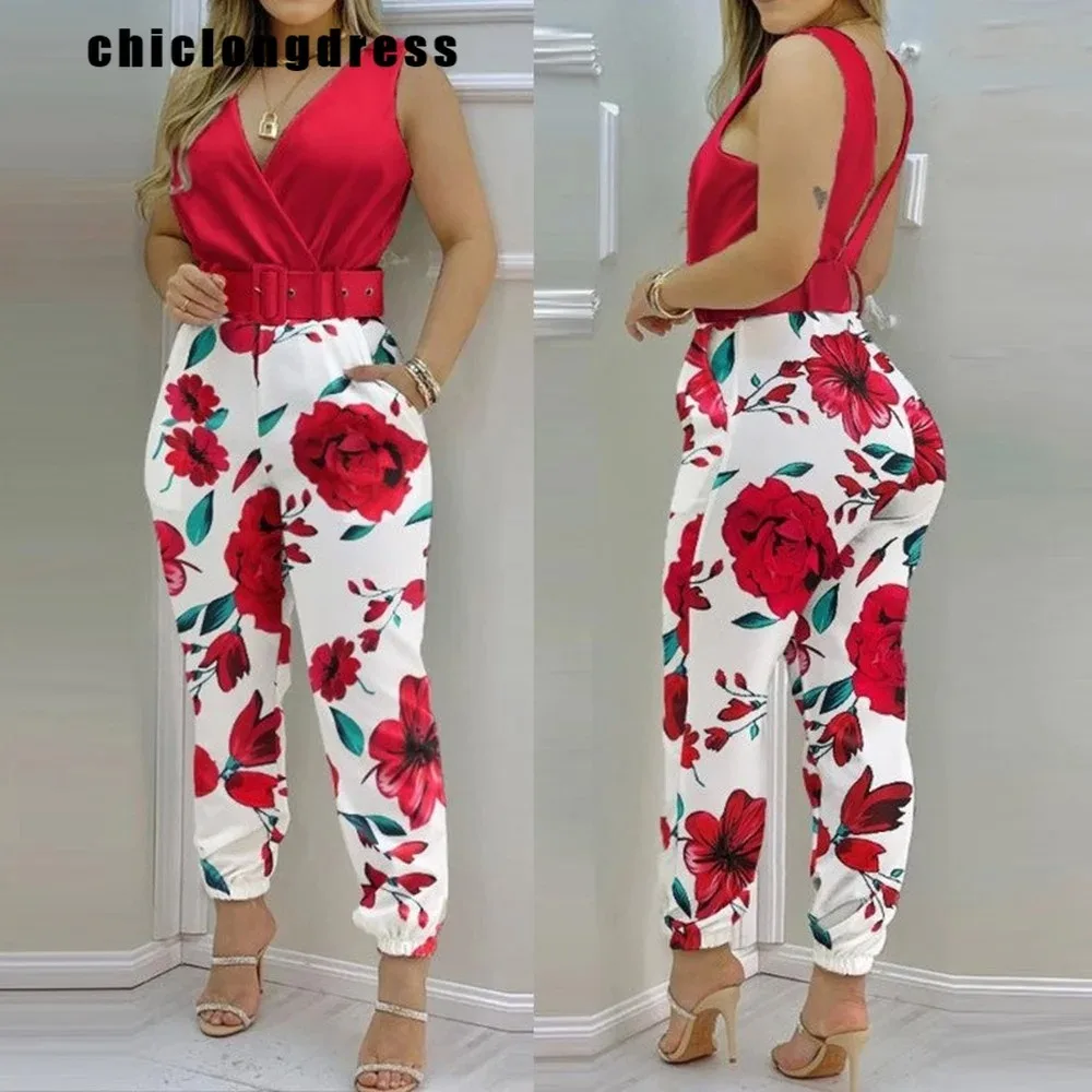 

High Waist Sleeveless Long Jumpsuit for Women, V-Neck, Printing, Fashion, Sashes, Summer, 2024