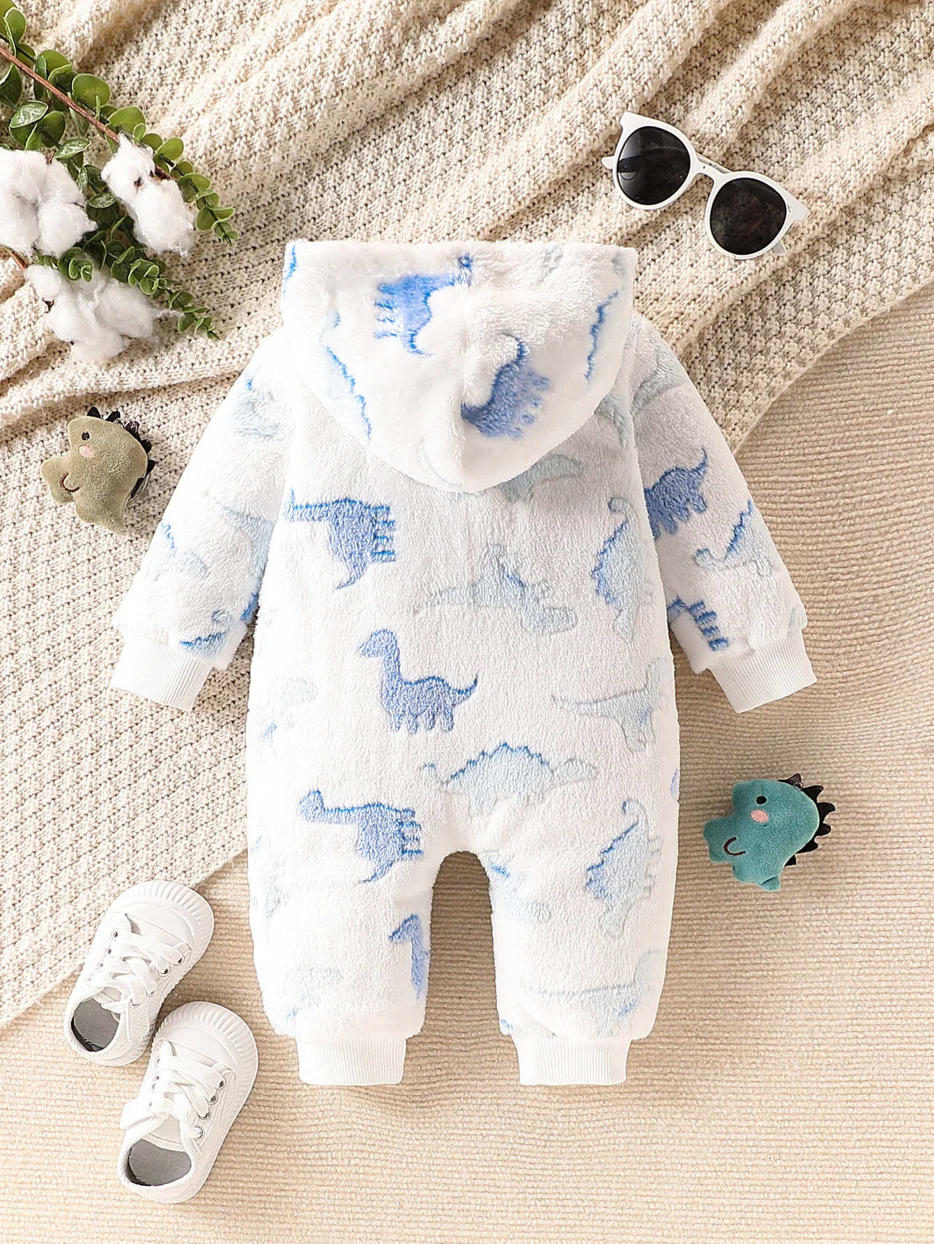 Baby boy fashion cute dinosaur full body printed fur fabric hooded long sleeved zipper jumpsuit long leg crawling suit