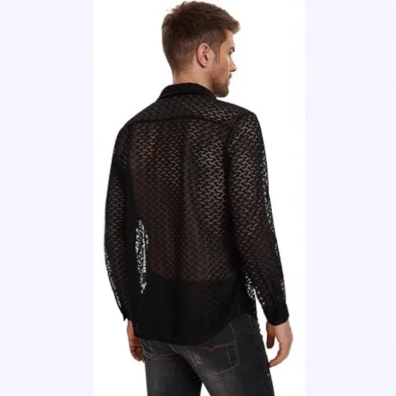 

Fashionable Comfortable and Simple Men's Wear New Men Lace See-through Shirt Sexy Perforated Mesh Long-sleeved Shirt Casual Top