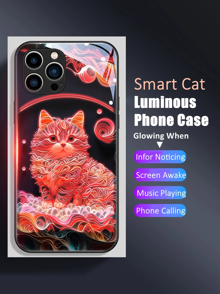 

Exquisite Cat LED Light Glowing Luminous Tempered Glass Back Phone Case for iPhone 11 12 13 14 15 Xs Xr Mini Pro Max Plus Cover