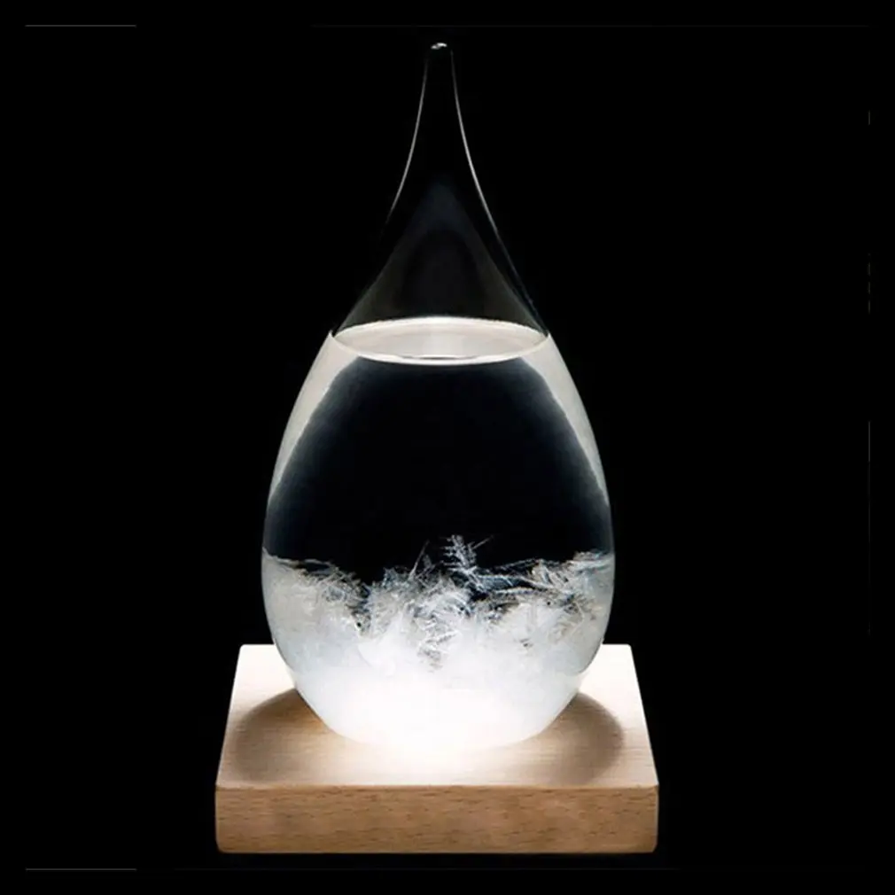 Mini botella de vidrio de tormenta de gotas de escritorio, Monitor de predicción del tiempo, barómetro con Base de madera para decoración del hogar