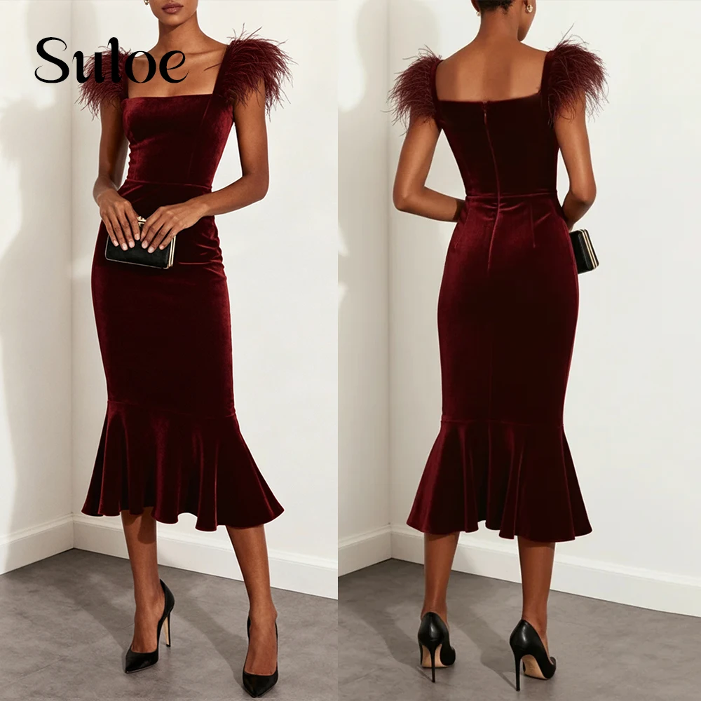 Suloe Feather Mother of Birde Dresses Wedding Velvet Elegant Evening Dress Burgundy Ruched Prom Party Gowns Customized