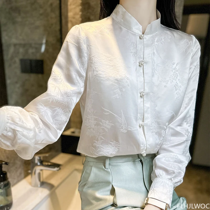 Chinese Style Chi-pao Collar Design Tops Blouses Woman New 2024 Spring Retro Vintage Thin Comfortable Button Basic White Shirts