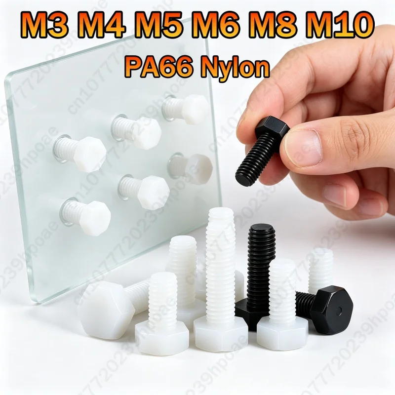 DIN933 M3 M4 M5 M6 M8 M10 Black/ White Nylon External Hex Head Screws Plastic Hexagon Bolts for Heat/Electricity Insulation USE