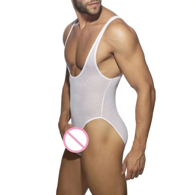 Homens malha pijamas bodysuits sexy rendas ver através sem mangas de uma peça homewear gay masculino transparente regatas macacão roupa interior