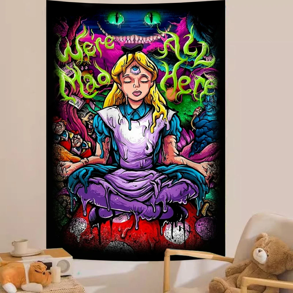 Аниме-Девушка-в-психоделическом-стране-чудес-гобелен-настенный-художественный-постер-волшебная-научная-фантастика-фон-для-комнаты-общежития-ткань