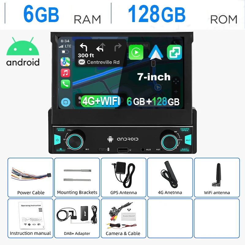 ESSGOO Autoradio Android15 7" 6+128 GB 1 DIN Handmatig Intrekbaar Uitklapbaar Aanraakscherm 4G LTE Draadloze CarPlay Android Auto RDS Equalizer GPS Navigatie WiFi Bluetooth FM AM Mirror Link