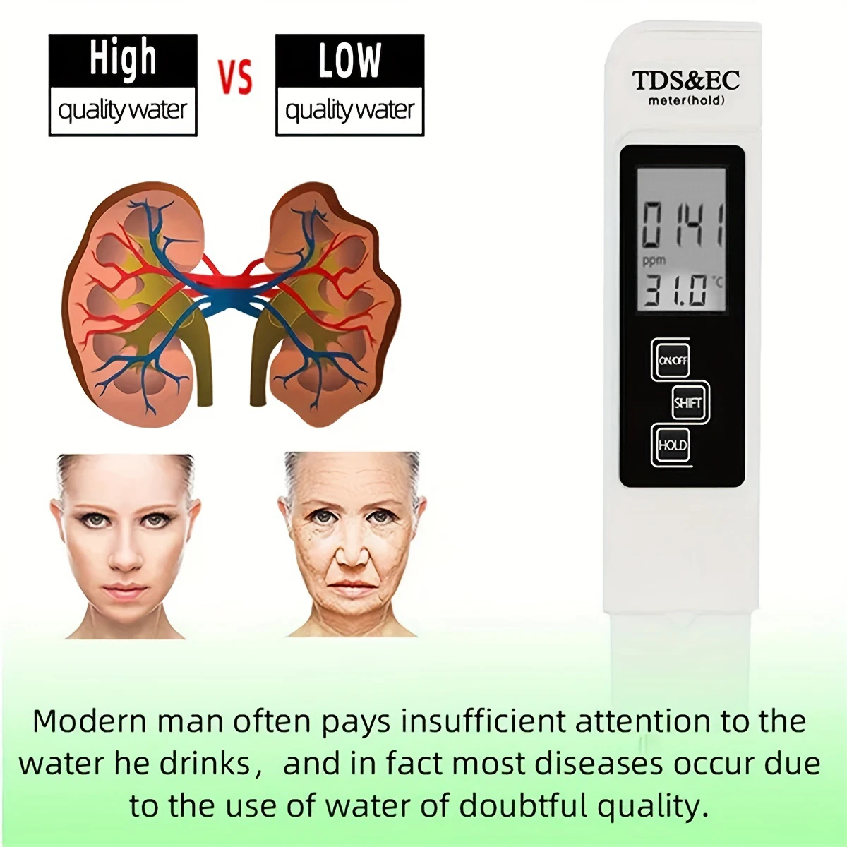 3in1 Water Quality Detection Pen Household Drinking Water Purity EC Meter High Accuracy TDS Meter 0-9990ppm Digital Water Tester