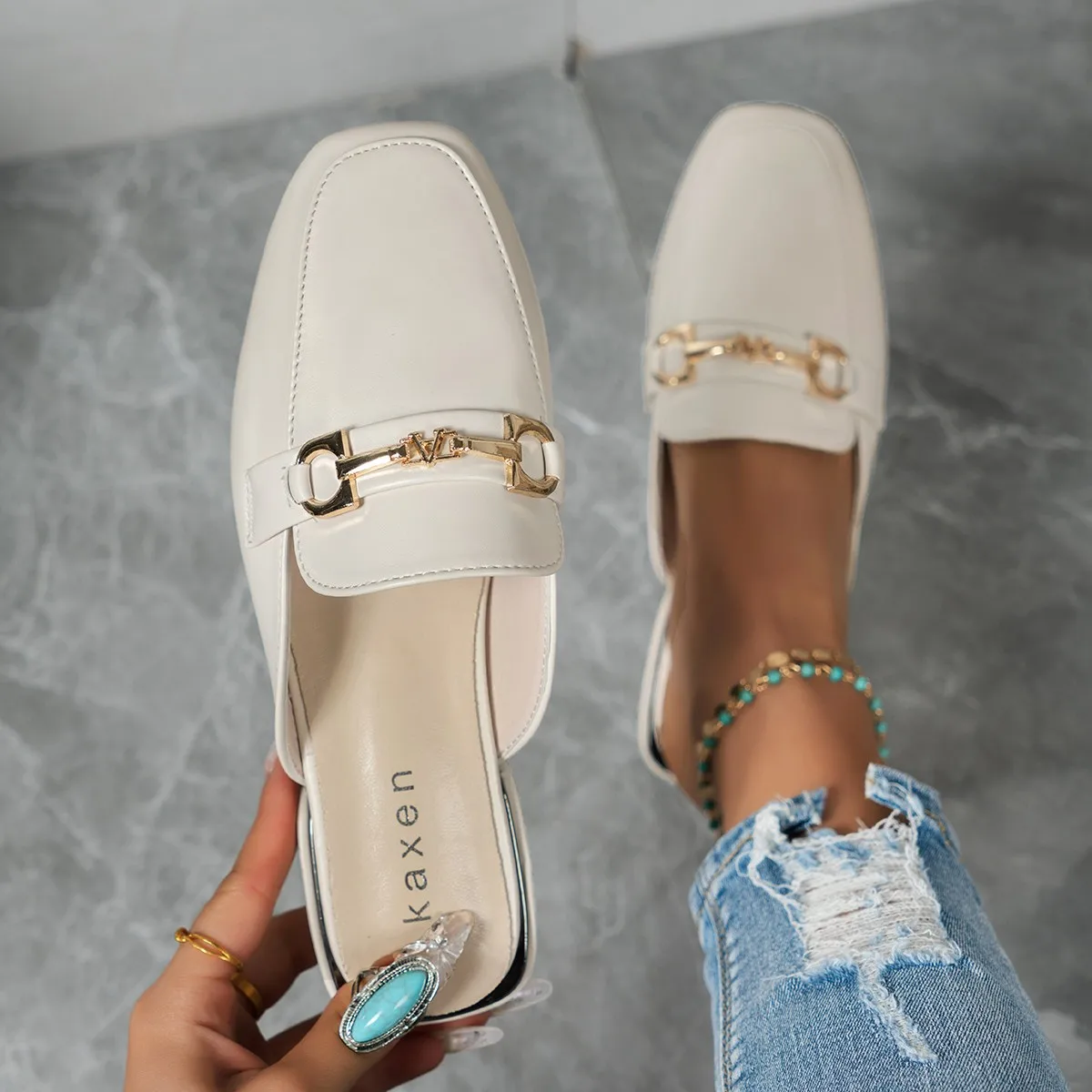 

Женские тапочки, пляжные сандалии большого размера, модные металлические женские туфли-лодочки, женские дизайнерские тапочки с круглым носком, женские шлепанцы