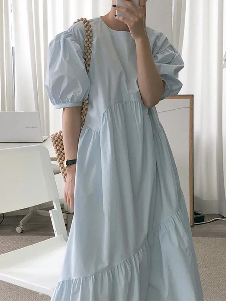 

Korea Chic Casual O Neck Pleated Waist Loose Solid Color Bubble Short Sleeve Splice Long Dress 2024 Spring Summer X819