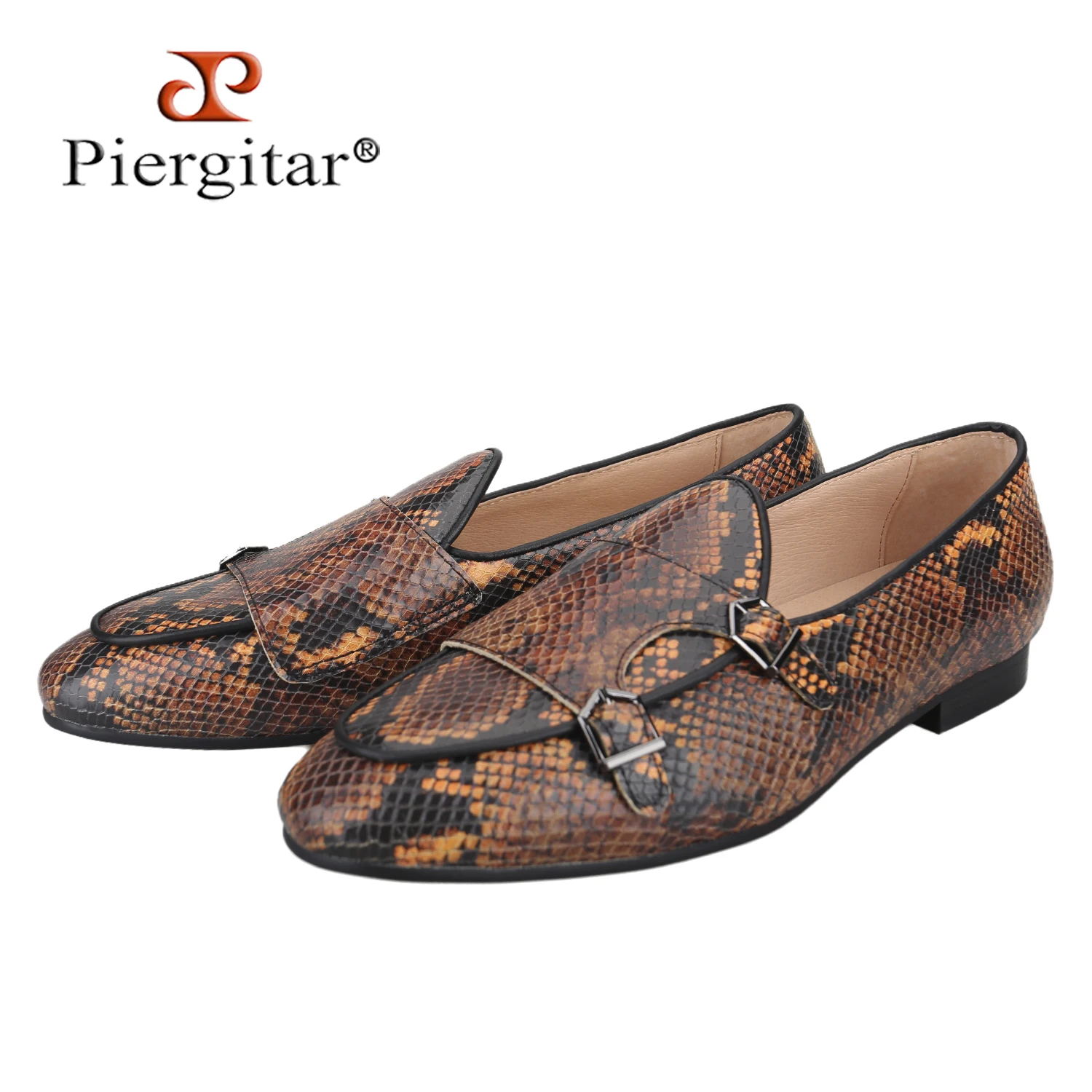 

Piergitar Italian Retro Style Python Patterned Leather Men's Double-Monk Shoes Handmade Belgian Slip-On Loafers For Party Wear