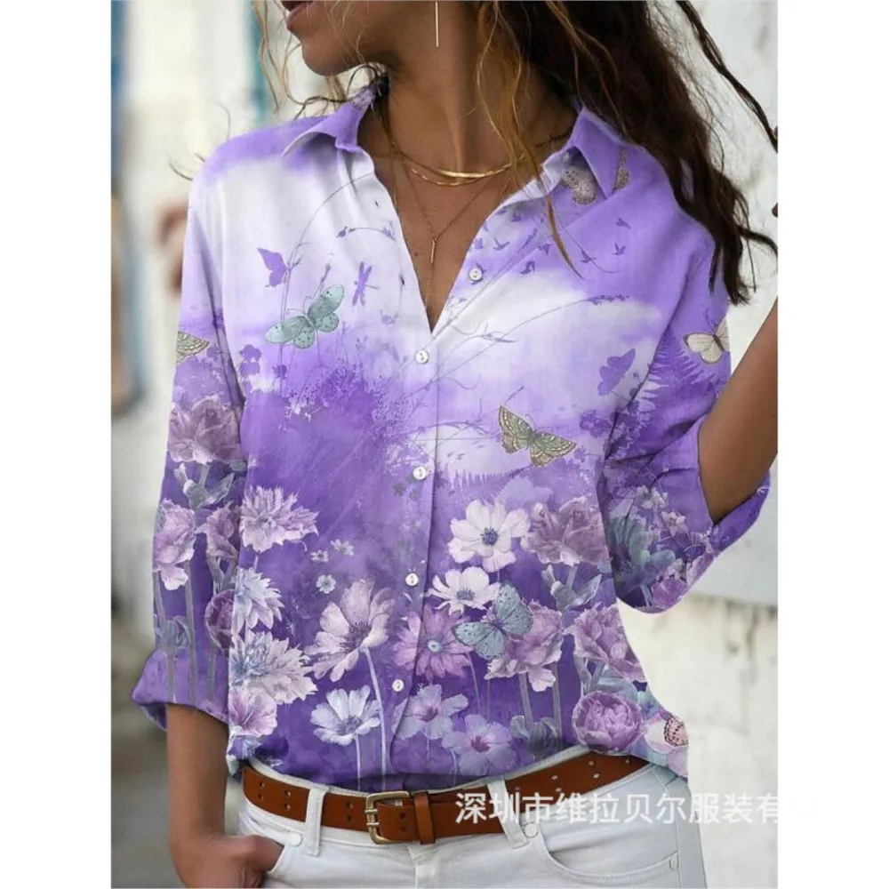 Ladies Purple Flower Button Blouse Tops 2024 Women's New Printed Long Sleeve Turn Down Collar Shirt Camisa De Dama Manga Larga