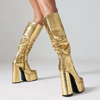 Checkered Pleated Side Zipper Women's Knee High Boots With Thick Heels Platform Stone Pattern Patch Soft Leather Boots - Image 2