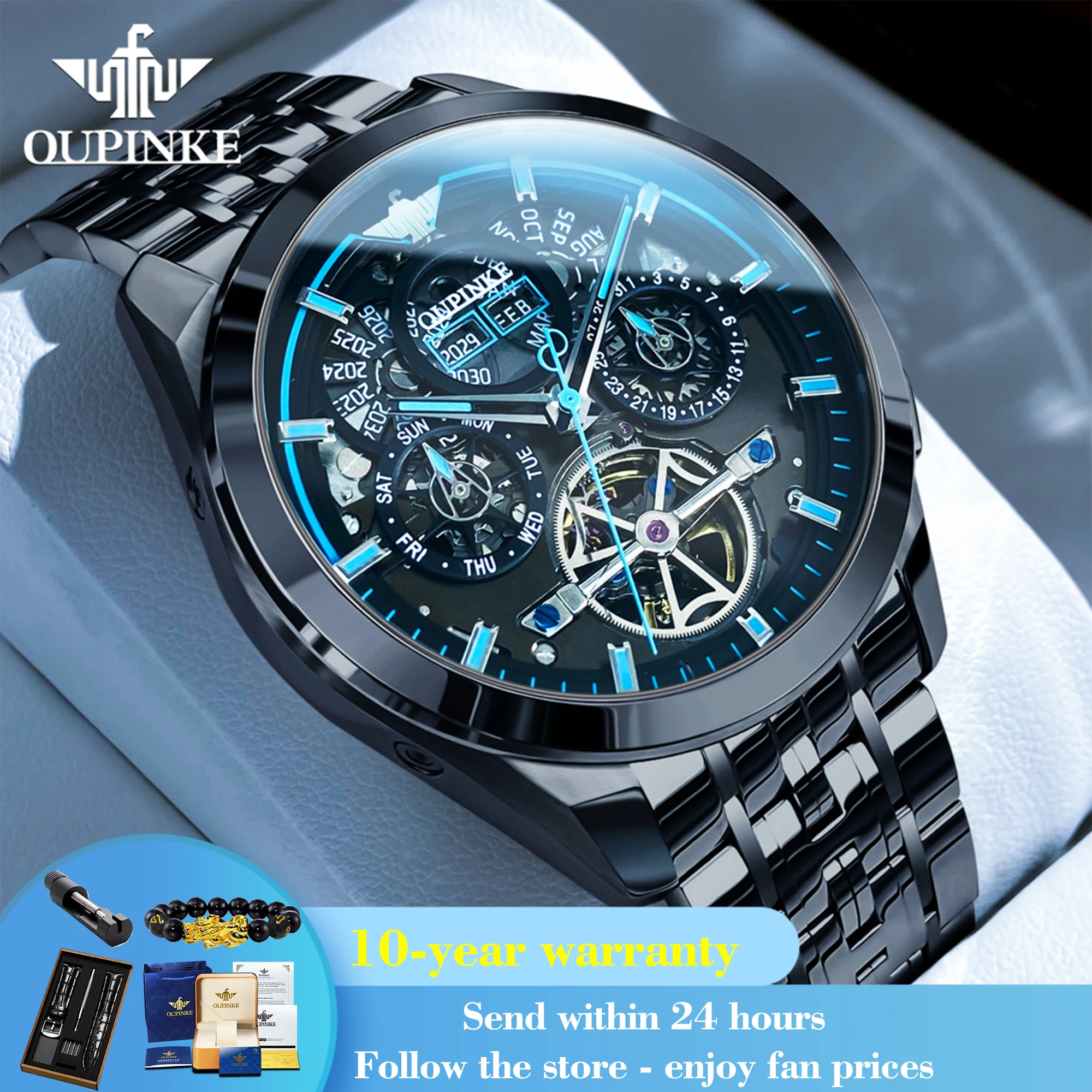 OUPINKE 3235 Original Mechanical Watch For Men Fashion Hollow Waterproof Luminous Wristwatch Week Calendar Stainless Steel Watch