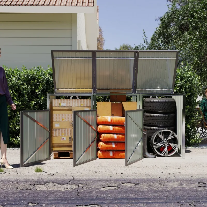 

3 Trash Can Garbage Bin Shed Grey Storage with Pneumatic Support Rod Lockable Doors Waterproof Lid Chain Garden Backyard