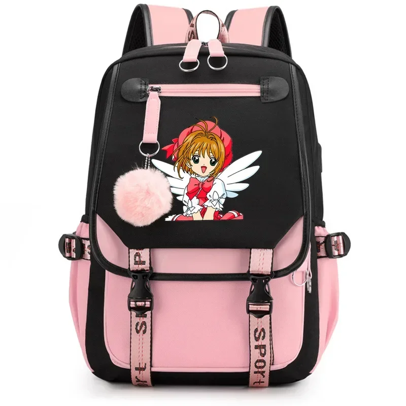 Sac à dos en nylon Anime Card Captor Sakura, sacs de voyage pour étudiants, sac messager pour ordinateur portable décontracté, port USB