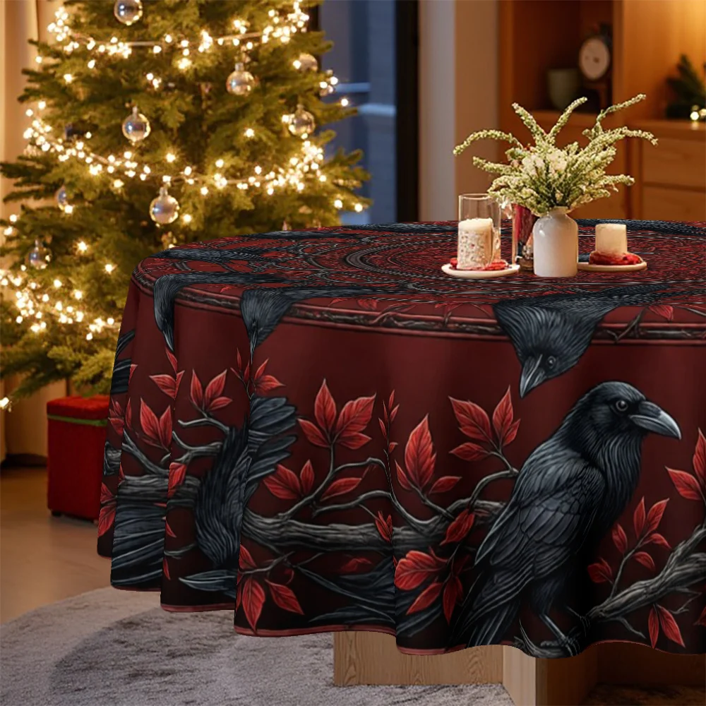 One tablecloth, with a Halloween-themed gothic style. The circular tablecloth features the pattern of crows and red leaves.zyc