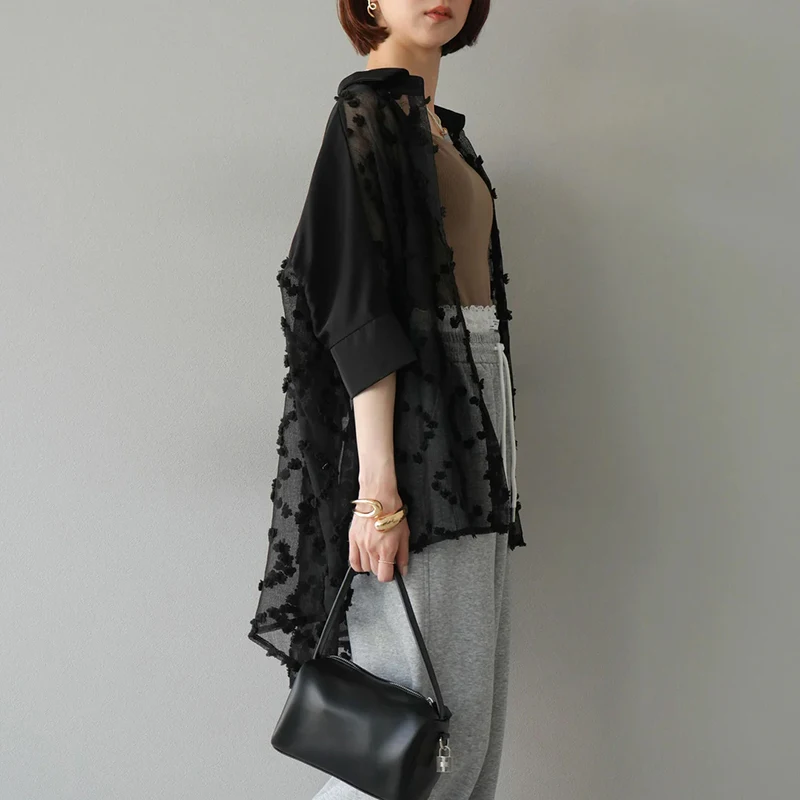 Embroidered Hollow Out Focking White Black Shirt Fashion Kimono Loose Casual Tops Blouse Women Outfits Half Sleeve Buttons Shirt