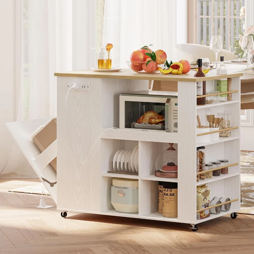 Kitchen Island with Trash Can Storage, Kitchen Island with Garbage Bin, Rolling Table with Power Outlets, Spice Rack