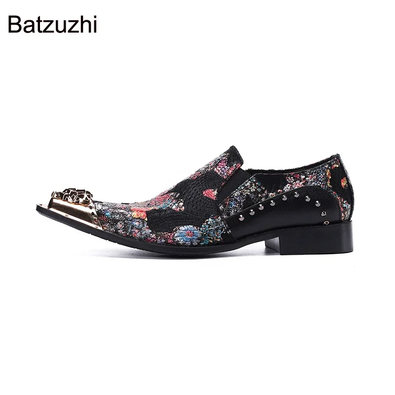 Batzuzhi Luxury Men Shoes Pointed Metal Head Black Genuine Leather Dress Shoes Men Formal Oxfords Flats for Party Wedding!