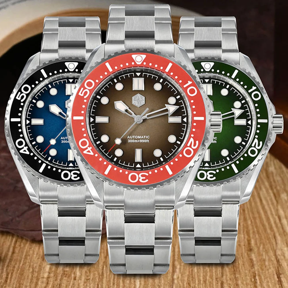 San Martin Helium Device Diving Watch for en NH35 Automatic Mechanical Vintage Watches Gradient Dial Waterproof 300m Wristwatch