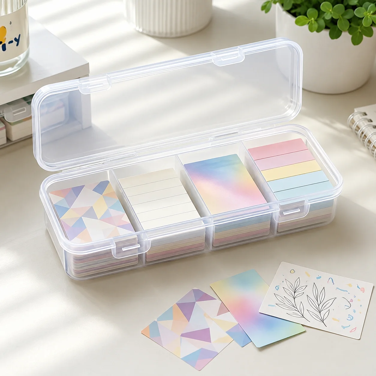 Transparent Storage Box Clear 4 Compartment Organizer Box for Sticky Notes Cards Stationery Desktop Office School Supplies