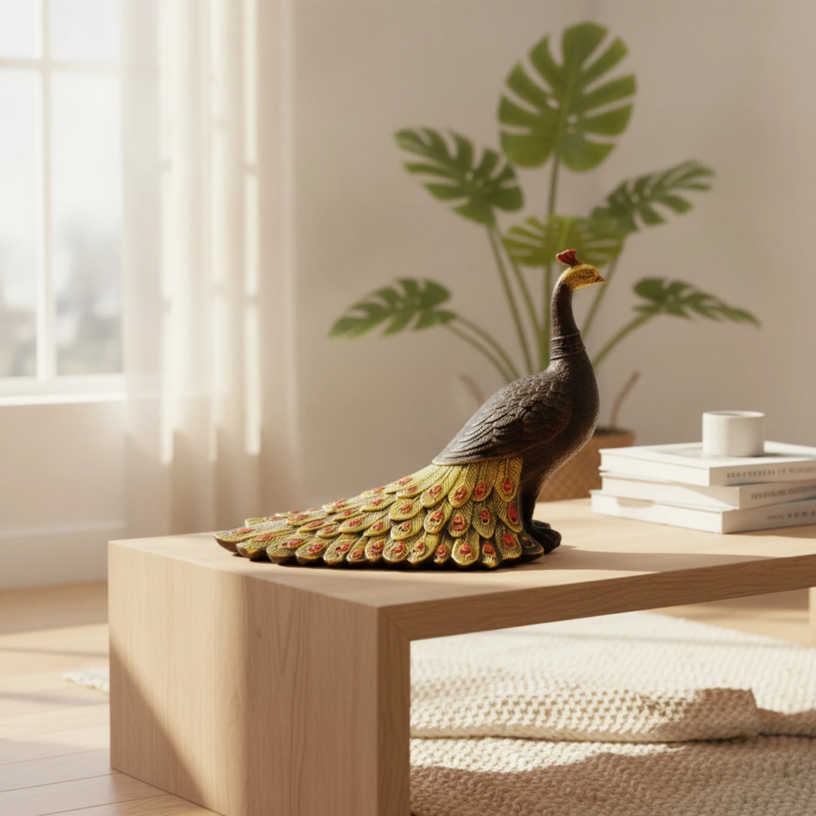 Peacock Figurine Carved Peacock Statue Bird Figurine Decorative Ornament Elegant for Homeowners, Mantel, Shelf view 2