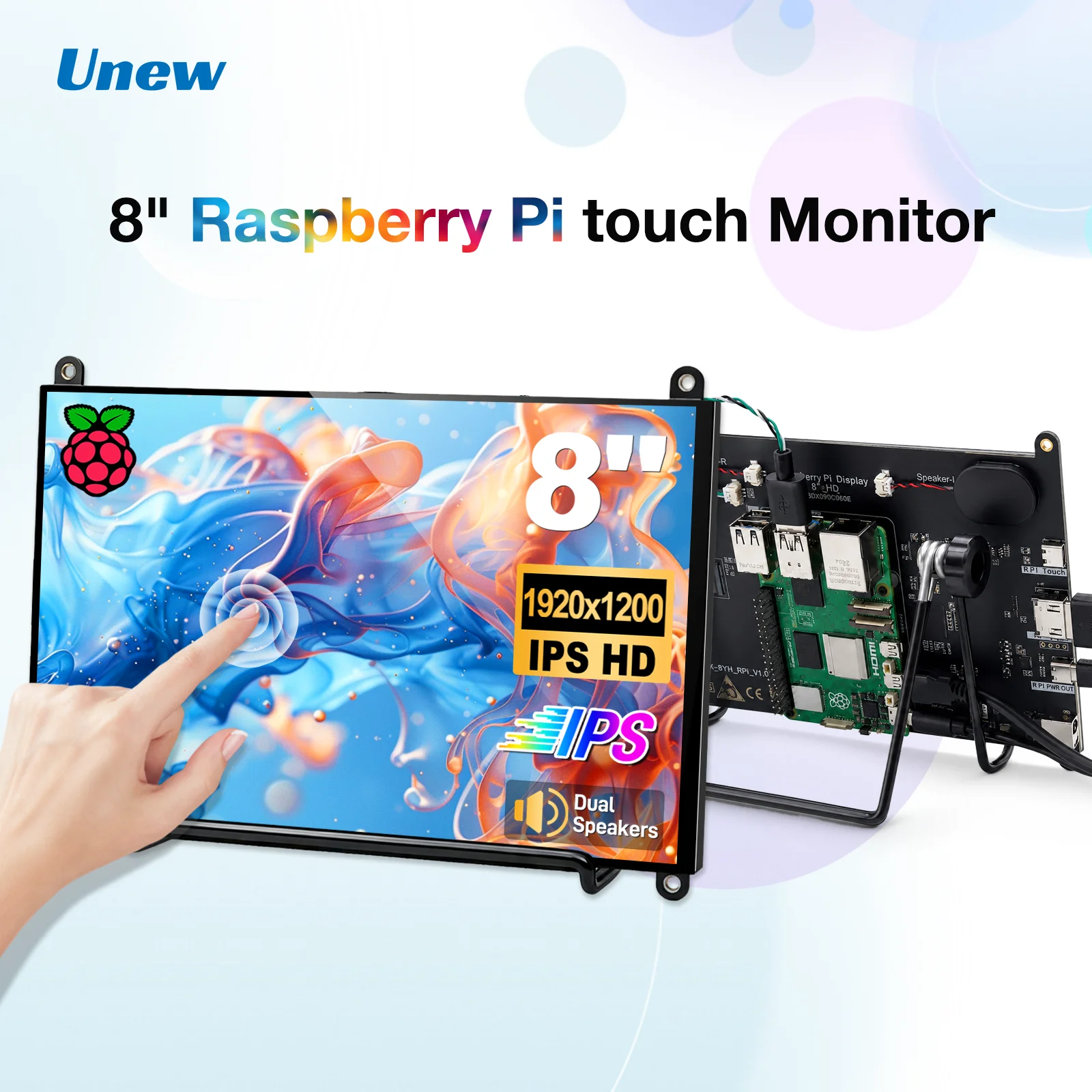 Unew 8 Inch IPS Touch Pi Monitor 19201200 Screen Display for Raspberry Pi 5/4B/3B, Built-in Speakers, HDMI Type-C