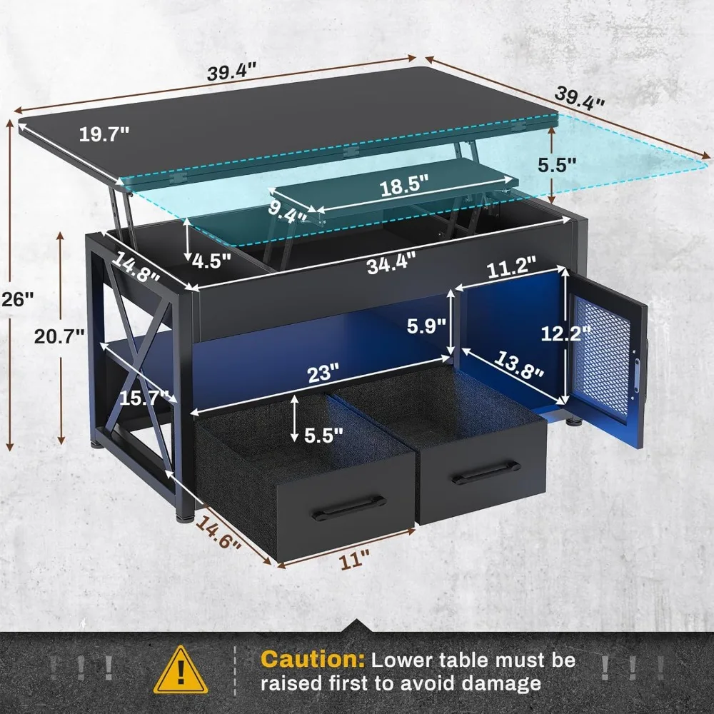 Mesa de centro elevable de 40", mesas de centro 4 en 1 con gabinete de almacenamiento para sala de estar, mesa de centro con 2 cajones y luz LED