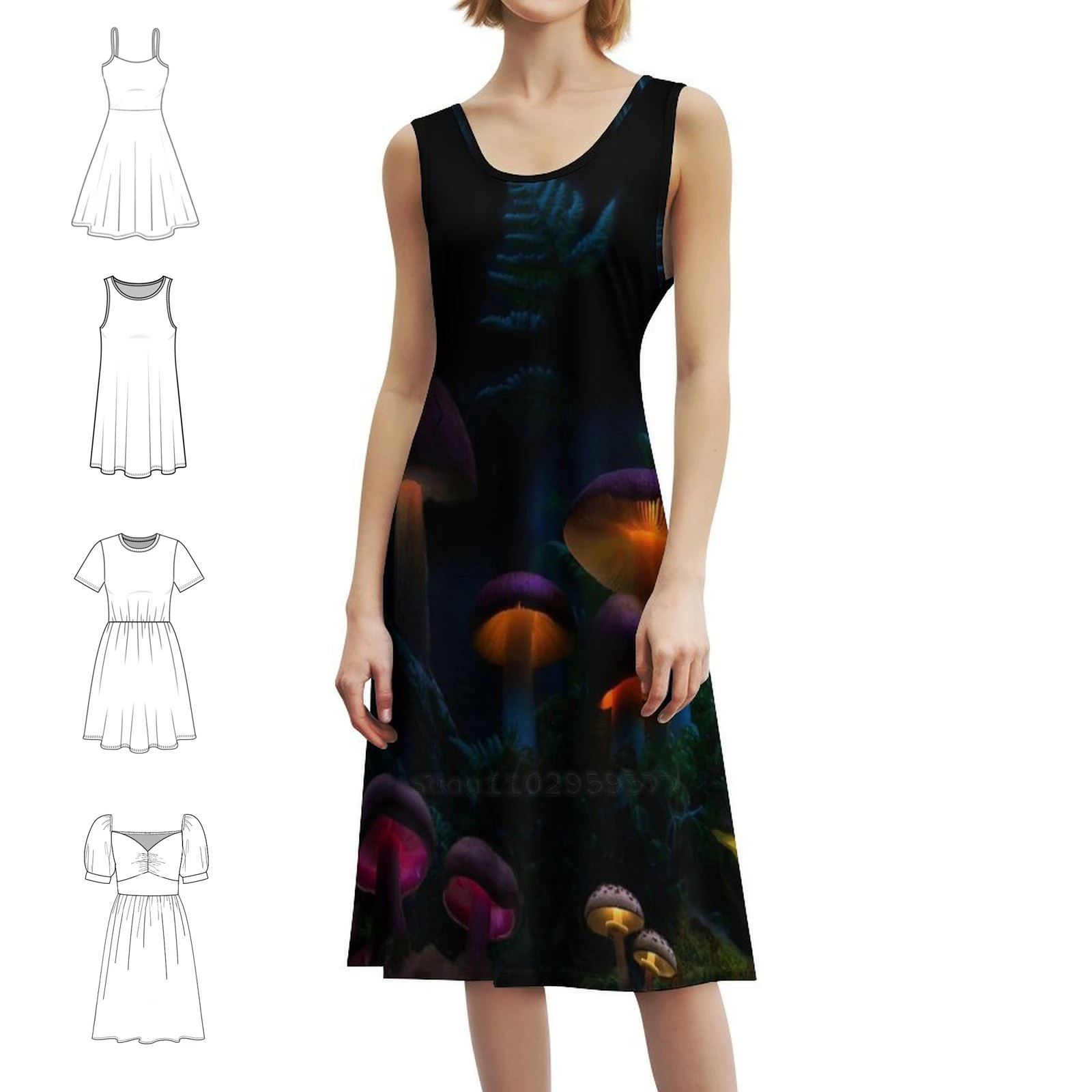

Mushroom Forest Bohemian Sleeveless Dress For Women Print Beach Party Dresses Forest Mushrooms Glow In The Dark Female Clothing
