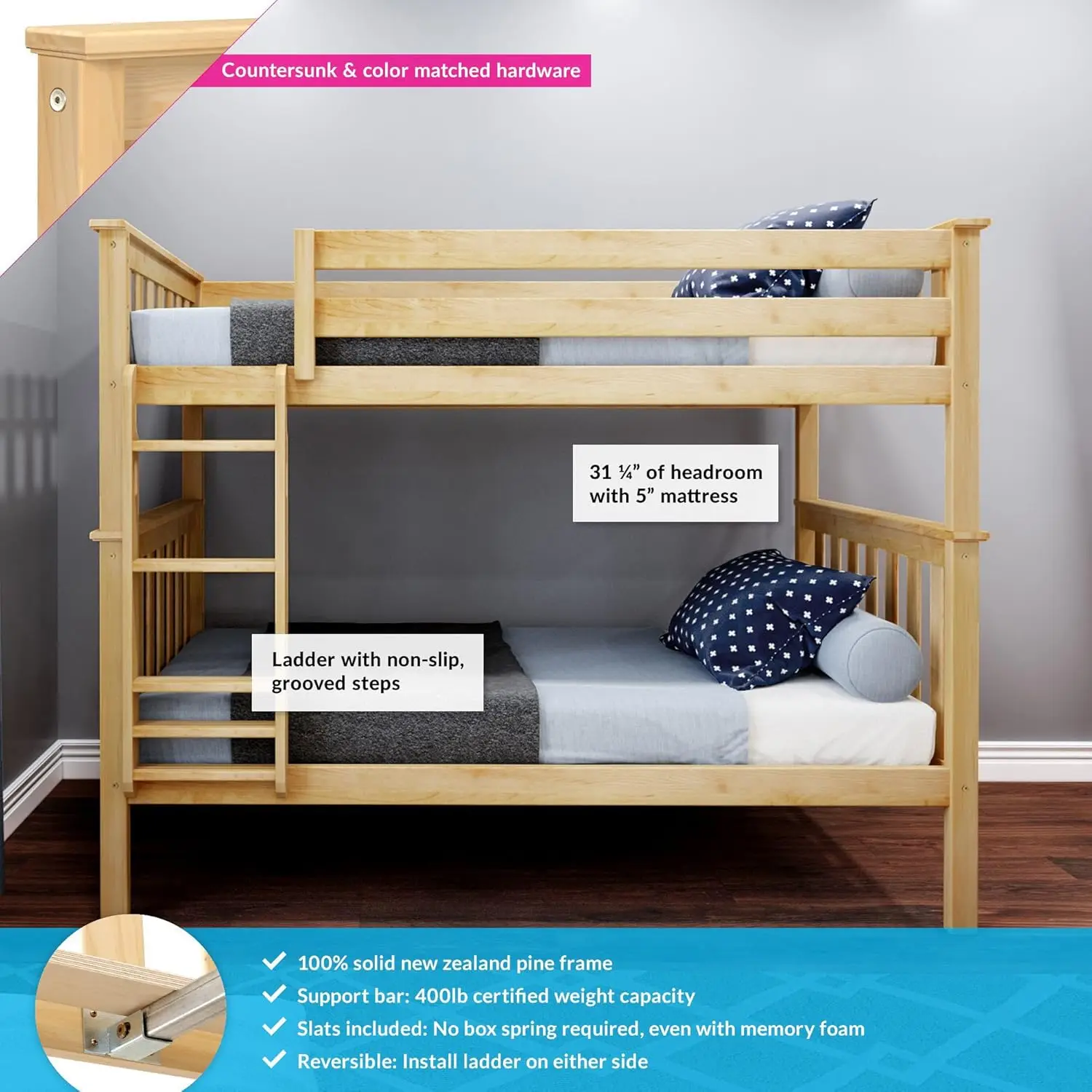 Bed Twin over Twin, Solid Wood Bunk Bed Frame with Ladder for Kids, 14