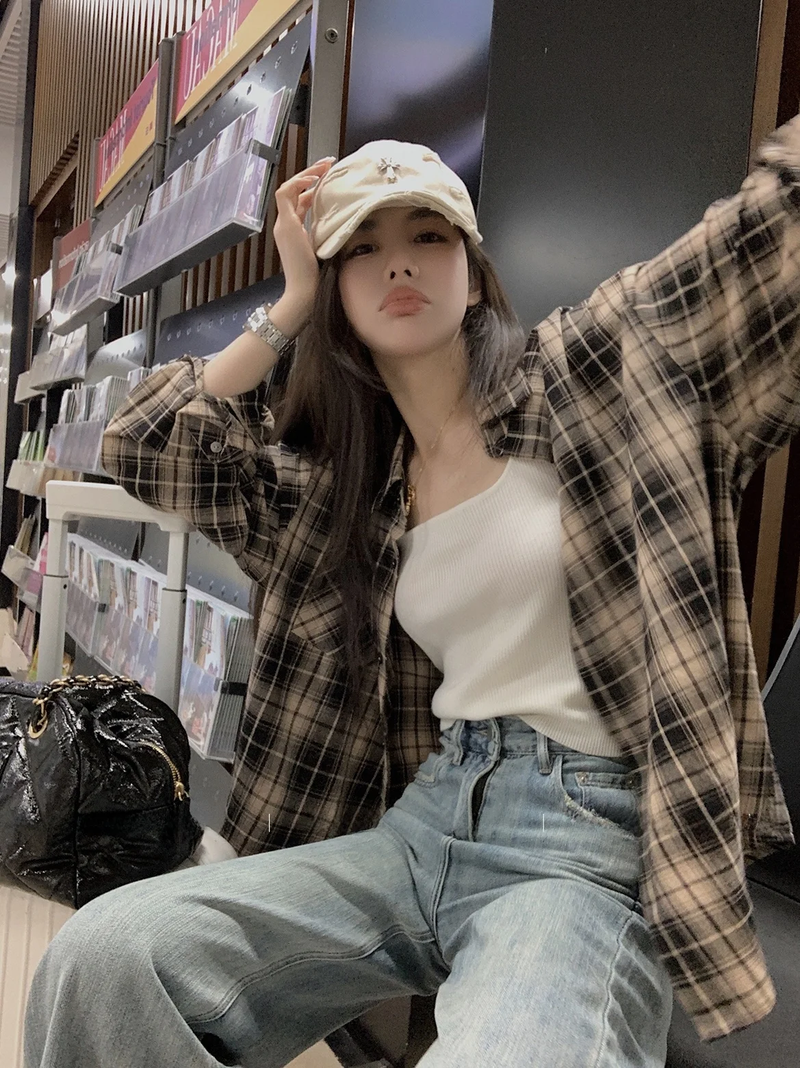 

American Sle Plaid Loose Women's irt Spring New Arrival Sun Protection Top Button Design Cotton Material Long Sve