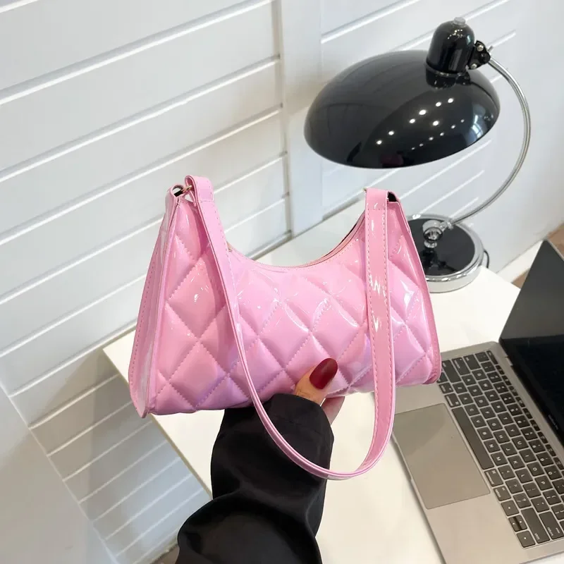 Pink Bags for Women Vintage Y2k Totes Shoulder Bags Glossy Leather Shopper Handbags Woman Rhombic Luxury Designer Bag Сумка