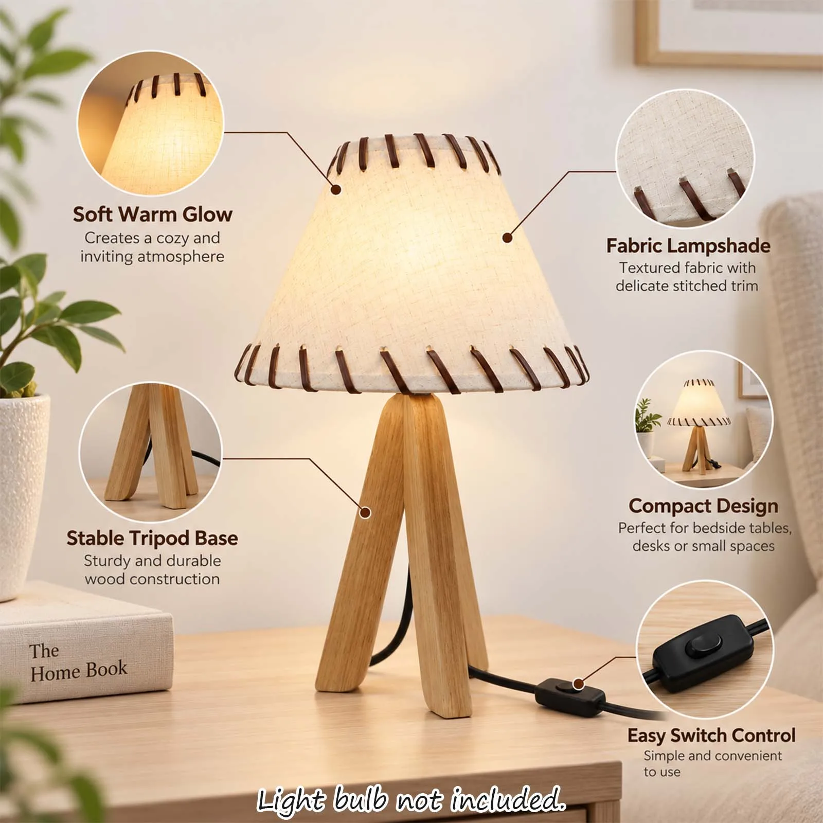 Boho Linen Lamp, Cone Shade Wood Tripod Leather Lace for Bedroom Reading Corner Office