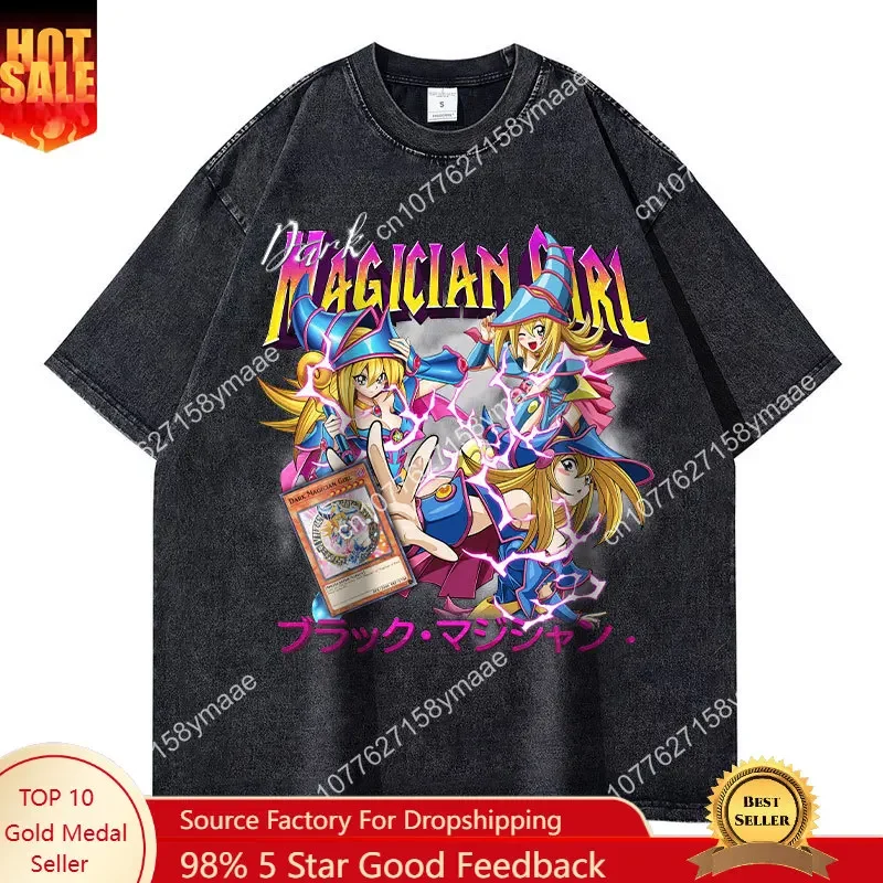 Anime Yu Gi Oh T Shirts Vintage Washed Dark Magician Girl T-shirt Retro Streetwear Manga Black Magician Short Sleeve Tops Tees