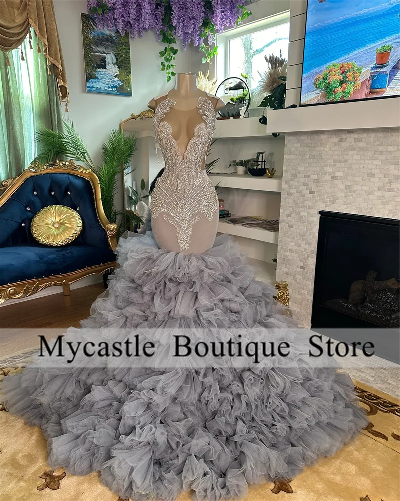 

Customized Silvers Tulle Crystals Rhinestones Ruffles Mermaid Prom Dress 2025 For Black Girls Diamond Beaded Birthday Party Gown