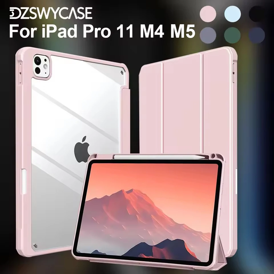 Für iPad Pro 11 Zoll Hülle M4 (2024), für iPad Pro 11 M5 (2025), Transparente Smart Case mit Auto-Schlaf/Aufwach-Funktion, Hülle mit Stifthalter