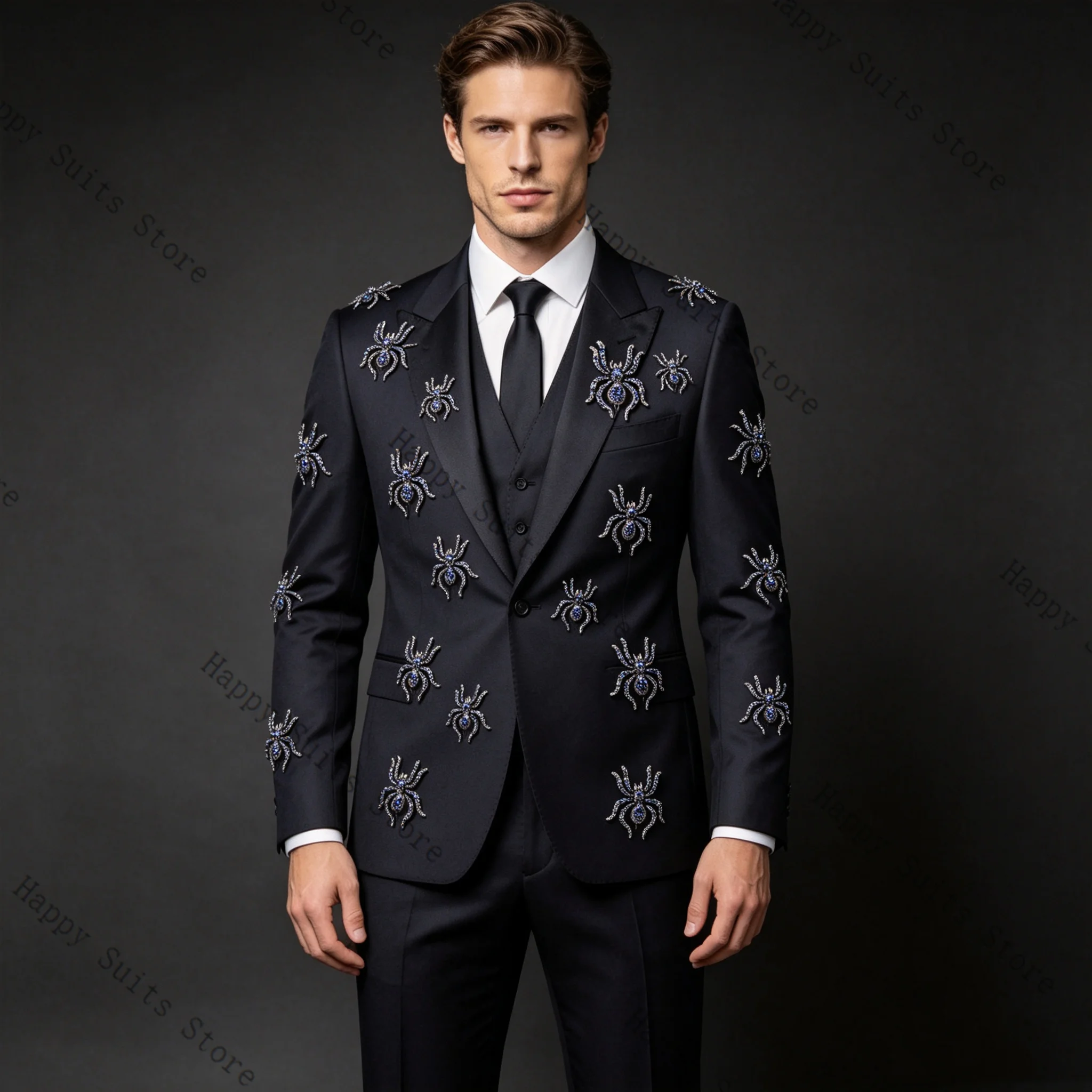 

Crystals Spider Black Men Suit Set 2 Pcs Blazer+Pants Trousers Cotton Formal Office Coat Wedding Tuxedo Customized Jacket Outfit