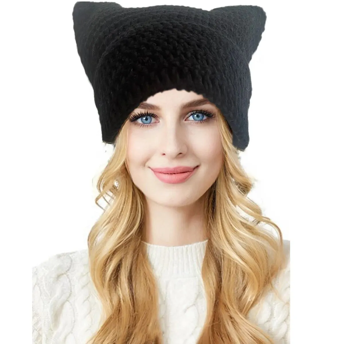 Crochet Hats for Women Men Cat Ear Bonnet Girl Knitted Lazy Style Punk Y2k Cute Slouchy Beanies Loose Fit Handmade Skullies Boys