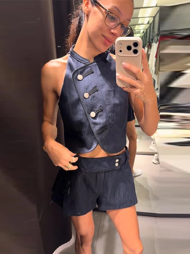 Neue sexy Damen-Partykleidung: Crop-Top mit seitlicher Knopfleiste, ärmellose Neckholder-Weste und Low-Waist-Shorts im Streetwear-Stil – Detail 21