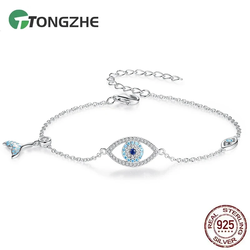

TONGZHE стерлингового серебра 925 пробы, синий циркон, браслет от сглаза, модная цепочка с глазом стражника для женщин, подарок, изящные ювелирные изделия