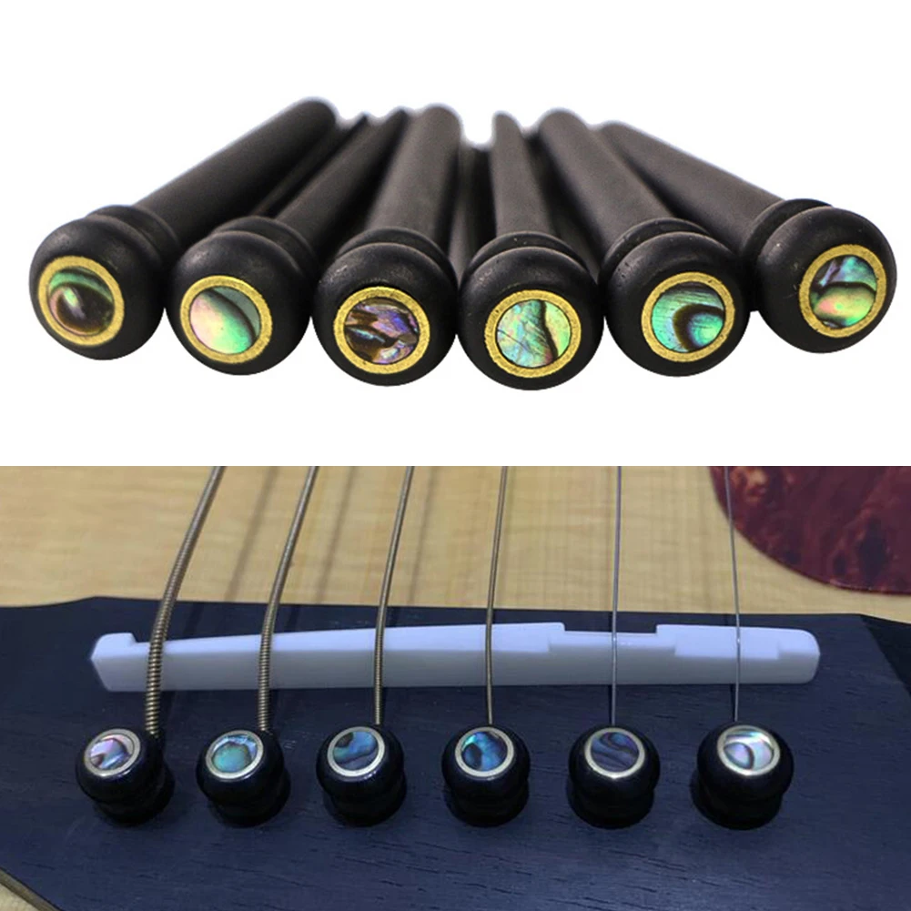 Acoustic Guitar Bridge Pin Set of 6 Featuring Solid Ebony Construction and Brass Inlay for Superior Audio Performance