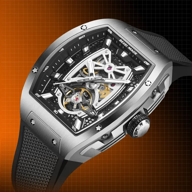 

BEXEI Fashion Automatic Mechanical Man Watch Skeleton Self Wind Movement Barrel Luminous Watches for Man Waterproof