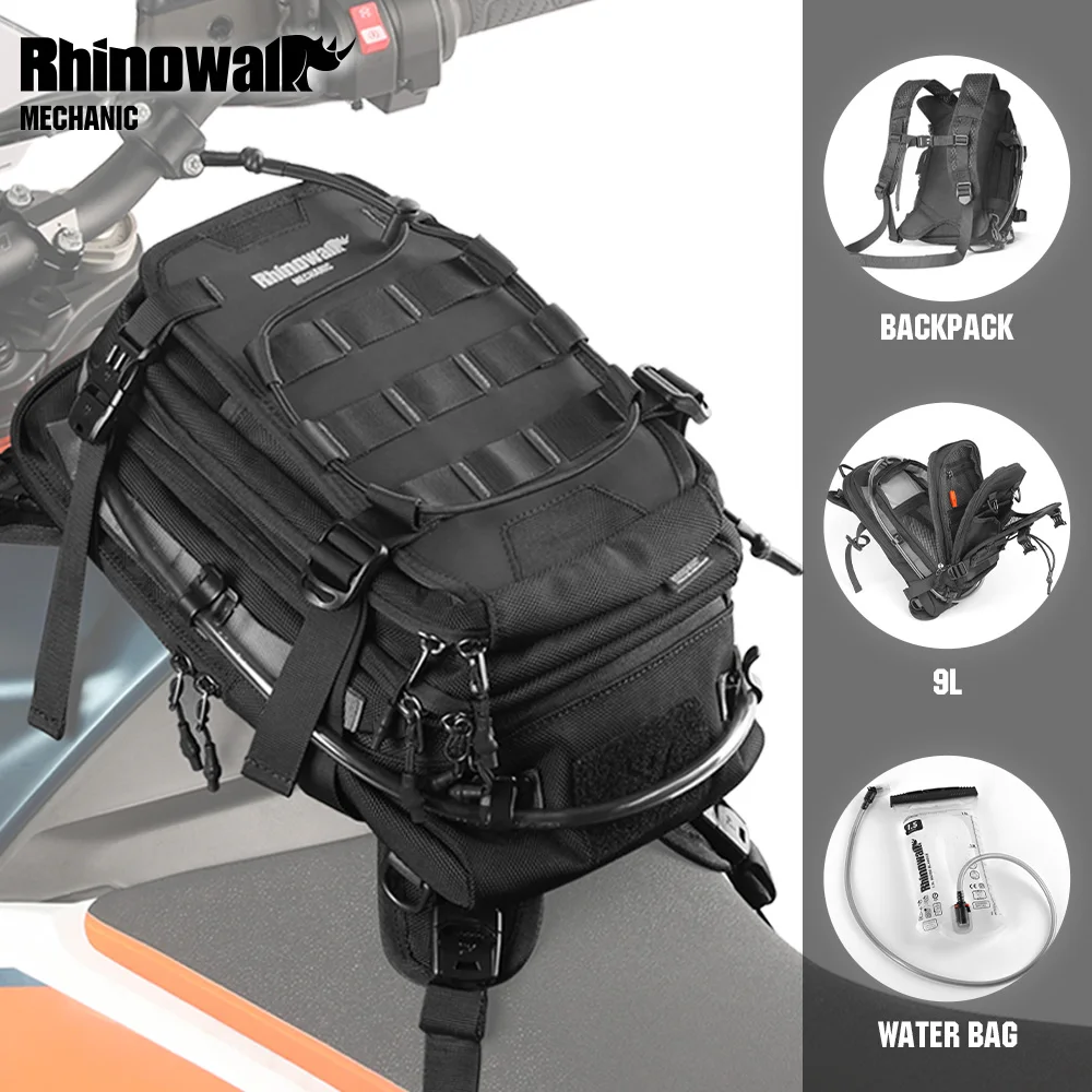 Bolsa de depósito para motocicleta Rhinowalk, 9L, resistente al agua con bolsa de agua de 1,5 L, mochila para motocicleta con cubierta para lluvia, bolsa de equipaje multifunción