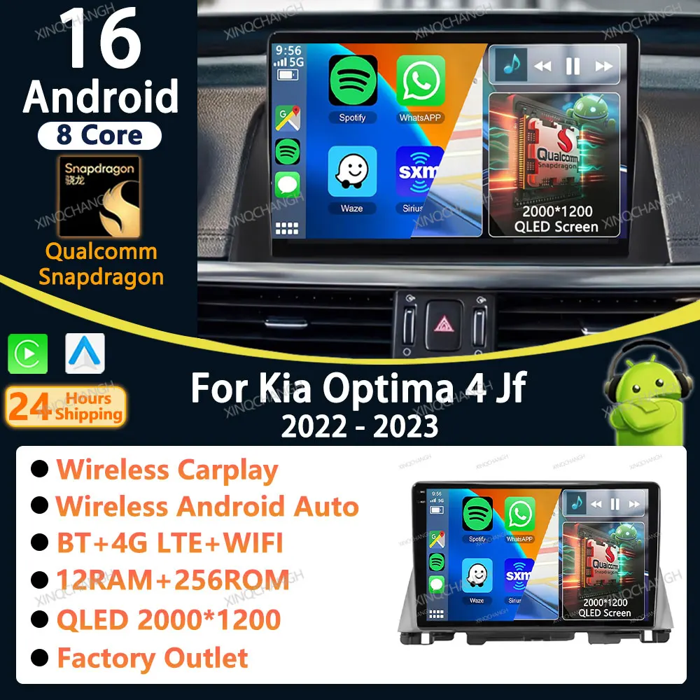 Android 16 Car Radio Carplay Auto For Kia Optima 4 JF 2015 - 2020 Head Unit Accessories QLED 4G LTE 5G WIFI Fascia Panel GPS BT