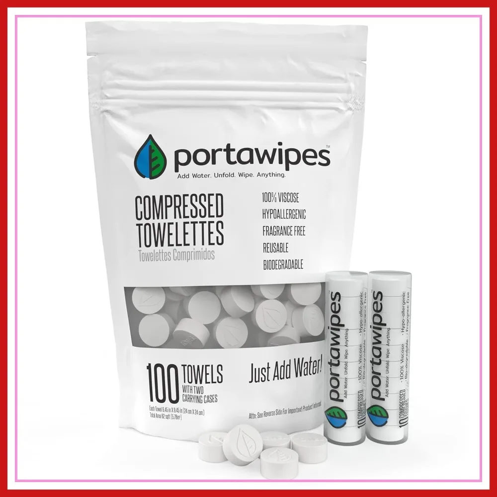 

Compressed Coin Tissues 100 Pack with 2 Waterproof Cases - Expandable Travel Towels, Soft & Odor Free, Reusable