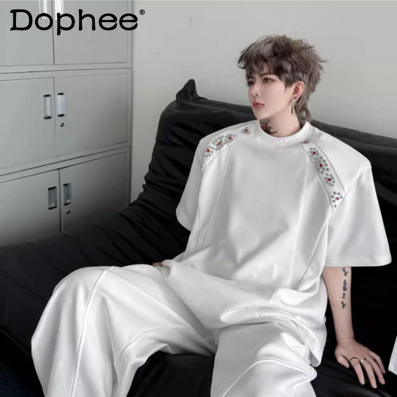 

2026 Summer New High Street Chic Tees Solid Color Short Sleeve T-Shirts Men's Handmade Bead Decoration Design Handsome T-Shirts