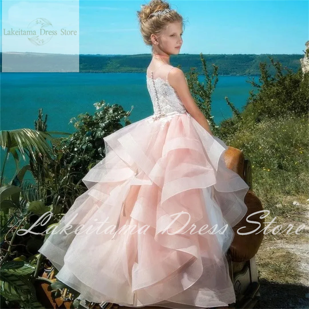 Cute Kids Flower Girl Dresses For Wedding Blush Pink First Communion Gowns For Girls Ruffly Cloud Beaded Princess Pageant Gowns