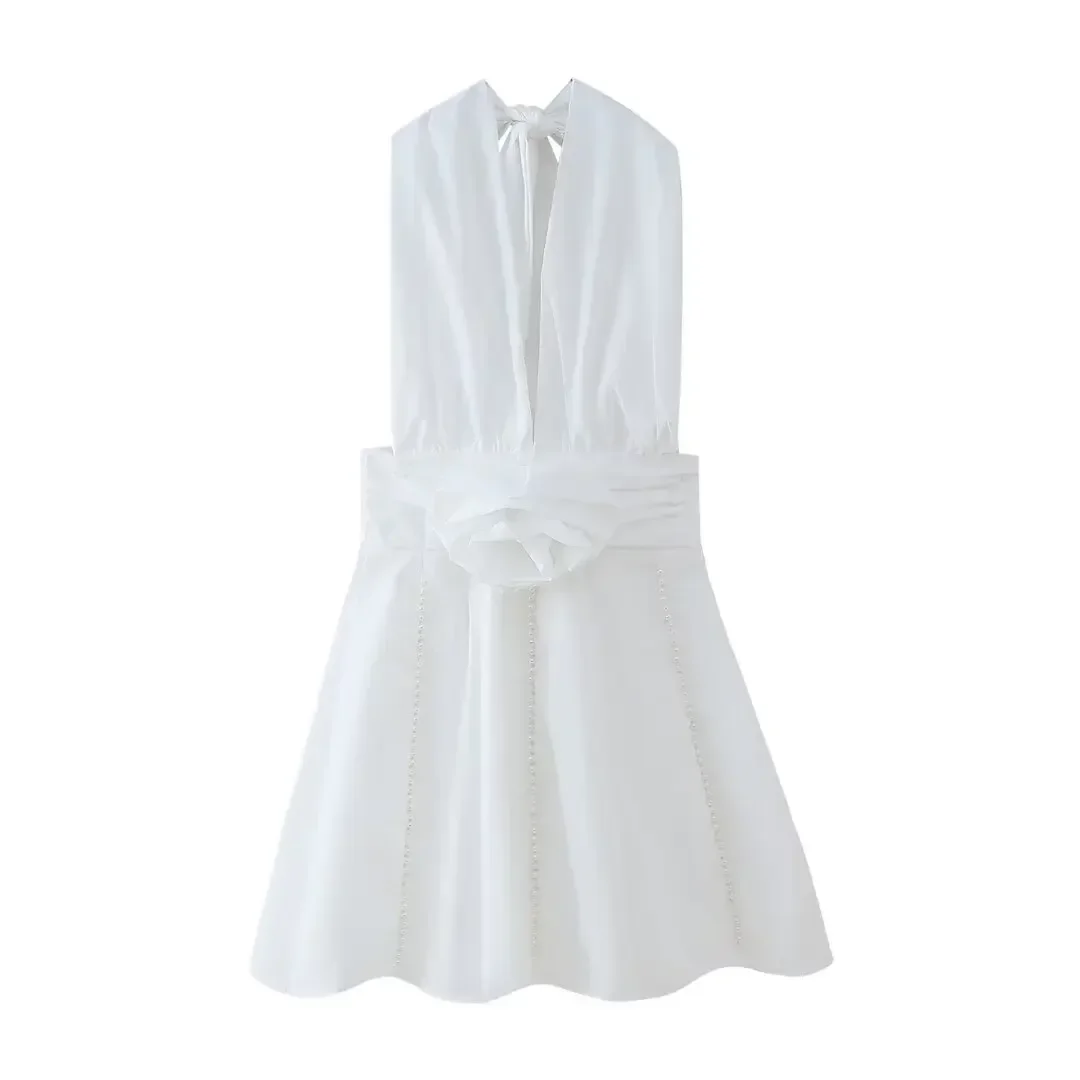 

Women's New Chic Fashion Pearl Flower Decoration Slim Fit Hanging Neck Mini Dress Retro Sleeveless Backless Women's Dress Mujer
