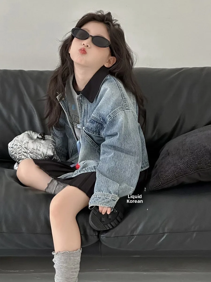 

Korean Sle Girls Denim Jaet Children Clothes Cotton Lined Zipper Closure Long Sve Loose Fit Autumn Winter Outwear